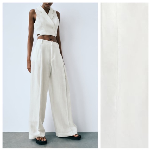 NWT. Zara White Linen Blend Full Length Pants. Size XL. - Picture 2 of 11